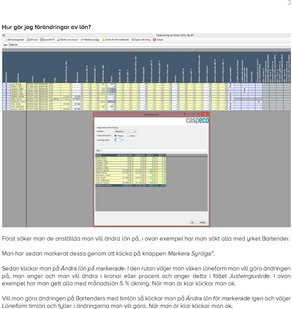 I den rutan väljer man vilken löneform man vill göra ändringen på, man anger och man vill ändra i kronor eller procent och anger detta i fältet Justeingsvärde.