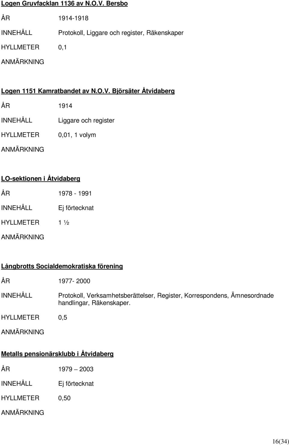 Björsäter Åtvidaberg ÅR 1914 Liggare och register 0,01, 1 volym LO-sektionen i Åtvidaberg ÅR 1978-1991 1 ½