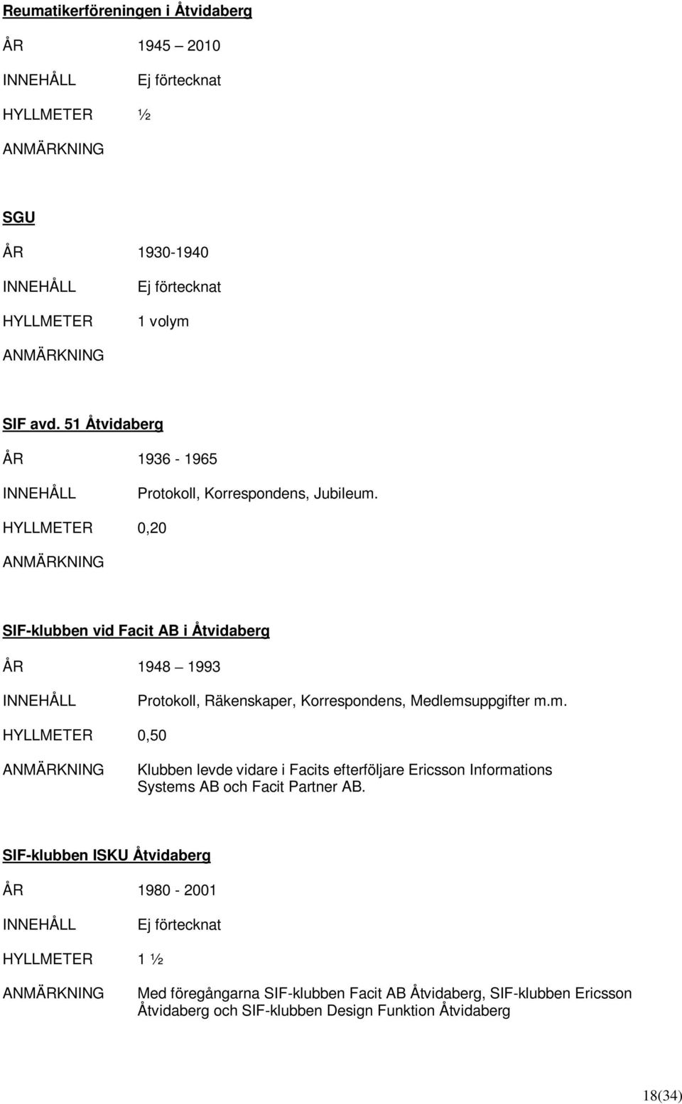 0,20 SIF-klubben vid Facit AB i Åtvidaberg ÅR 1948 1993 Protokoll, Räkenskaper, Korrespondens, Medlems