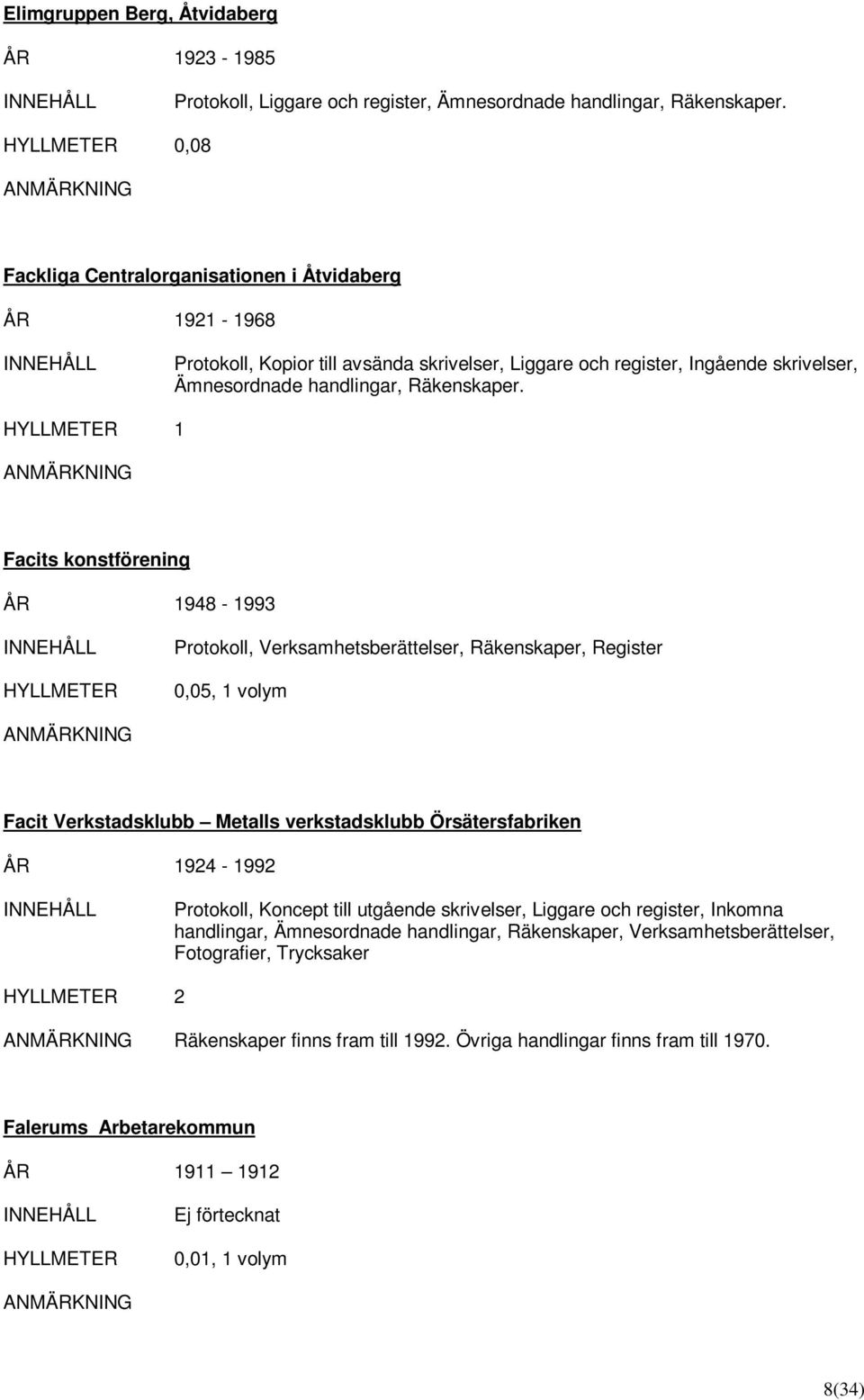 1 Facits konstförening ÅR 1948-1993 Protokoll, Verksamhetsberättelser, Räkenskaper, Register 0,05, 1 volym Facit Verkstadsklubb Metalls verkstadsklubb Örsätersfabriken ÅR 1924-1992 Protokoll,