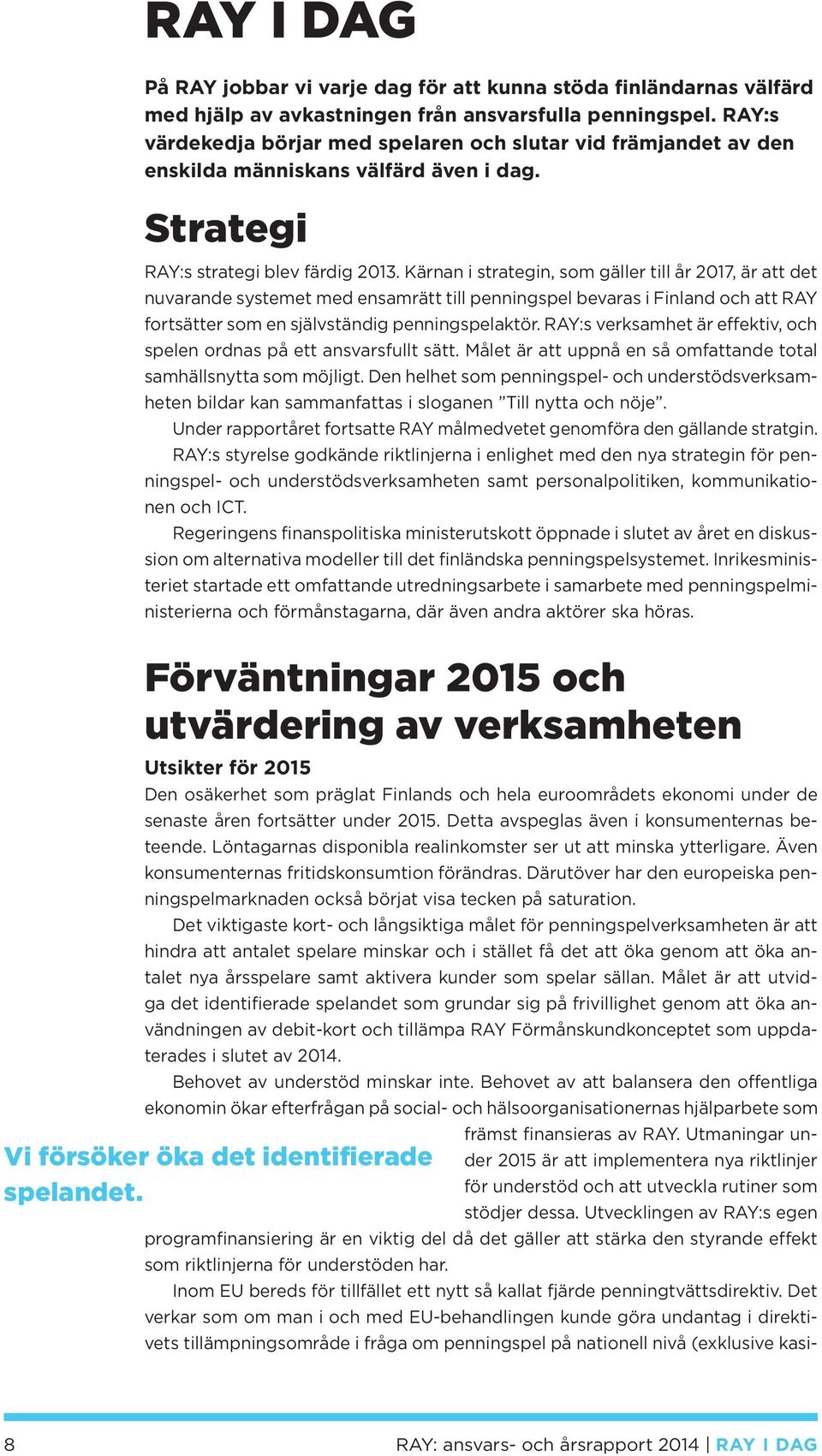 Kärnan i strategin, som gäller till år 2017, är att det nuvarande systemet med ensamrätt till penningspel bevaras i Finland och att RAY fortsätter som en självständig penningspelaktör.