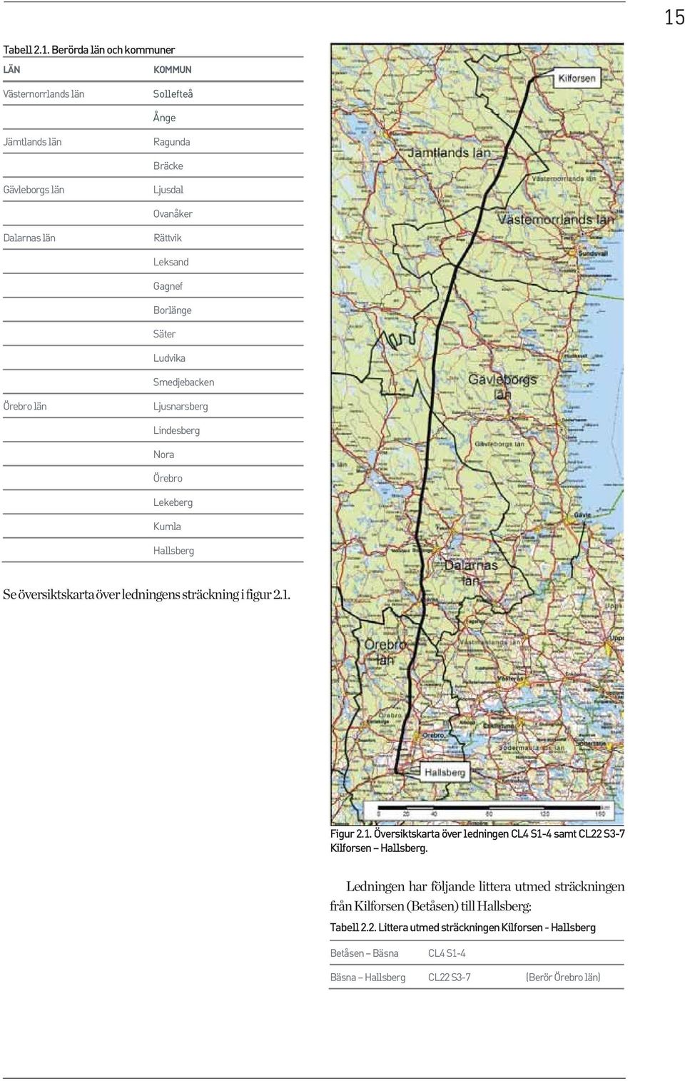 ledningens sträckning i figur 2.1. Figur 2.1. Översiktskarta över ledningen CL4 S1-4 samt CL22 S3-7 Kilforsen Hallsberg.