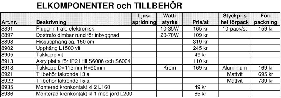 inbyggnad 20-70W 109 kr 8898 Hissupphäng ca.