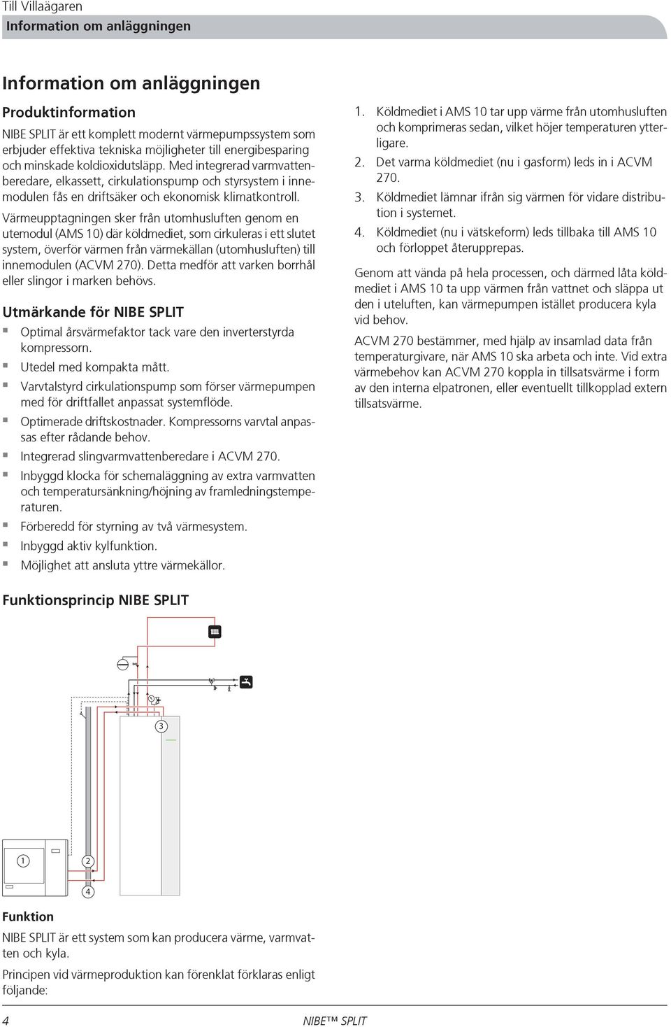 Värmeupptagningen sker från utomhusluften genom en utemodul (AMS 10) där köldmediet, som cirkuleras i ett slutet system, överför värmen från värmekällan (utomhusluften) till innemodulen (ACVM 270).