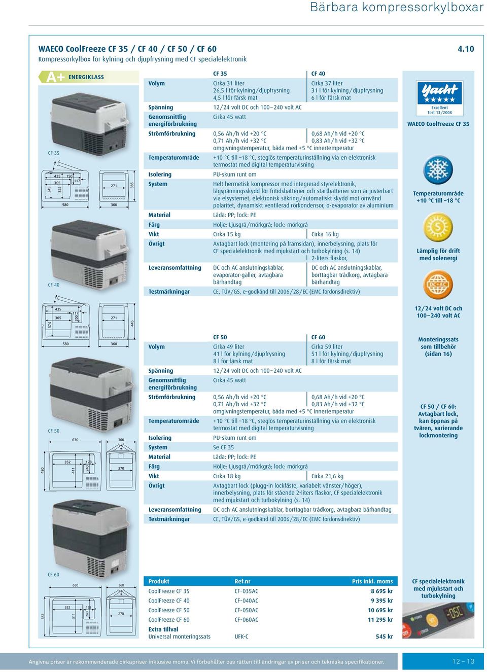 Cirka 31 liter 26,5 l för kylning / djupfrysning 4,5 l för färsk mat 12 / 24 volt DC och 100 240 volt AC Cirka 45 watt Cirka 37 liter 31 l för kylning / djupfrysning 6 l för färsk mat