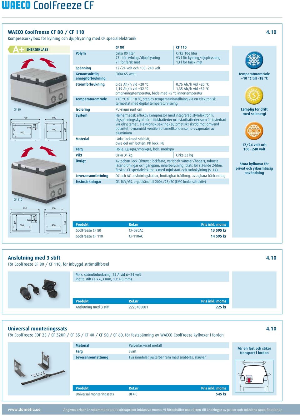 73 l för kylning / djupfrysning 7 l för färsk mat 12 / 24 volt och 100 240 volt Cirka 65 watt Cirka 106 liter 93 l för kylning / djupfrysning 13 l för färsk mat Strömförbrukning 0,65 Ah / h vid +20 C