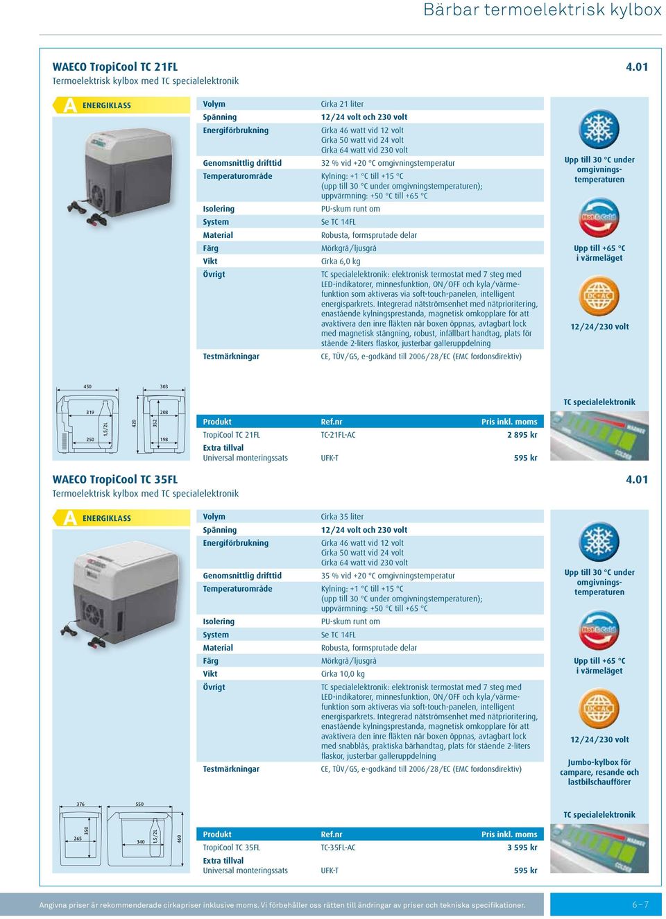 watt vid 230 volt Genomsnittlig drifttid 32 % vid +20 C omgivningstemperatur Temperaturområde Kylning: +1 C till +15 C (upp till 30 C under omgivningstemperaturen); uppvärmning: +50 C till +65 C