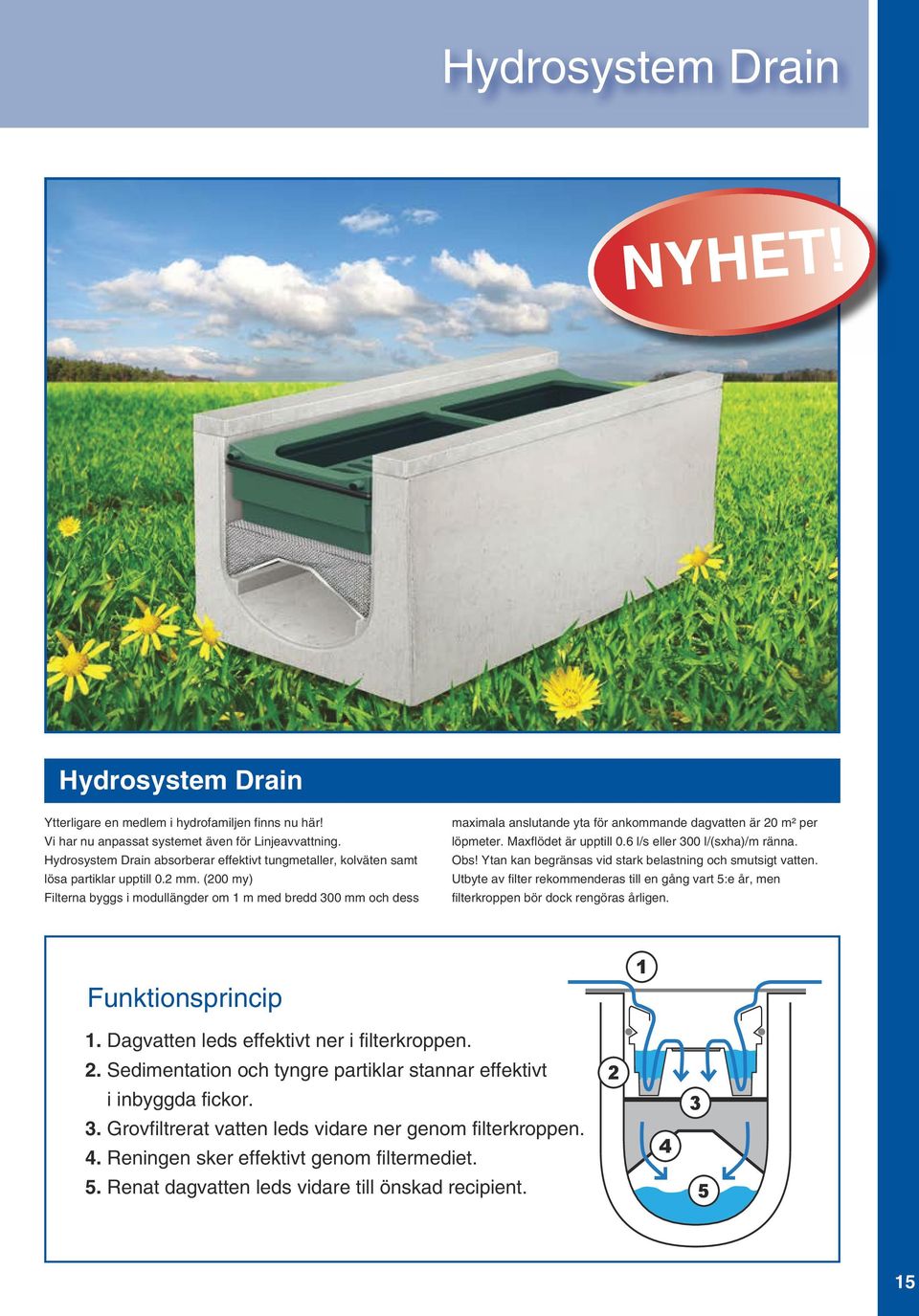 (200 my) Filterna byggs i modullängder om 1 m med bredd 300 mm och dess maximala anslutande yta för ankommande dagvatten är 20 m² per löpmeter. Maxflödet är upptill 0.6 l/s eller 300 l/(sxha)/m ränna.