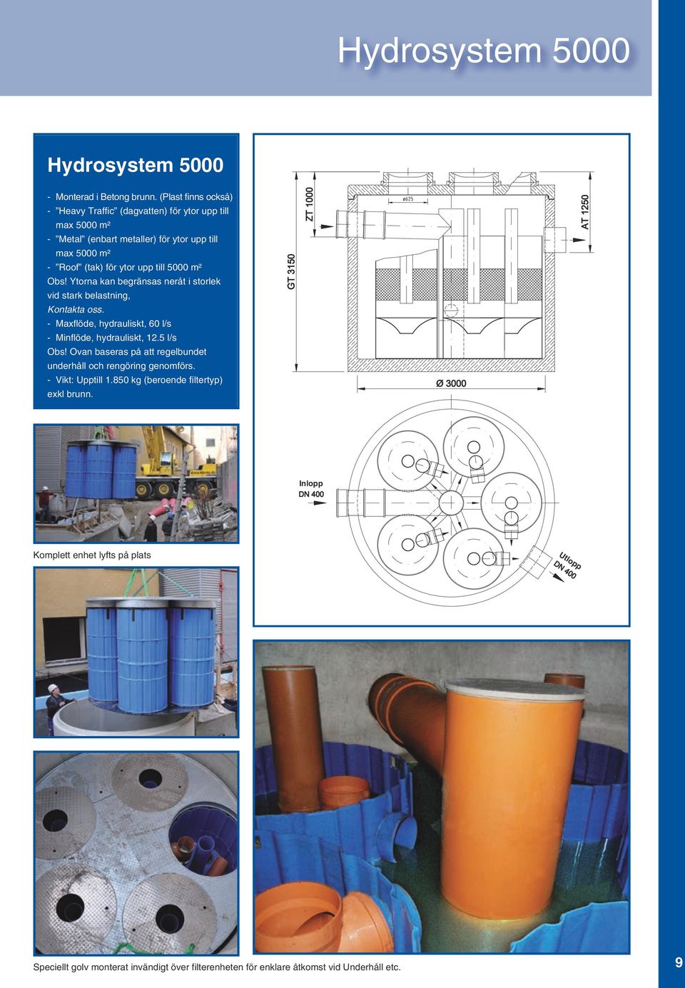 till 5000 m² Obs! Ytorna kan begränsas neråt i storlek vid stark belastning, Kontakta oss. - Maxflöde, hydrauliskt, 60 l/s - Minflöde, hydrauliskt, 12.5 l/s Obs!