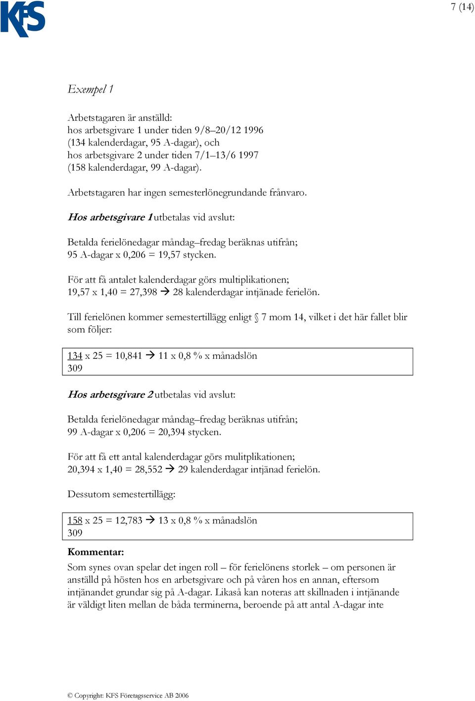 För att få antalet kalenderdagar görs multiplikationen; 19,57 x 1,40 = 27,398 28 kalenderdagar intjänade ferielön.