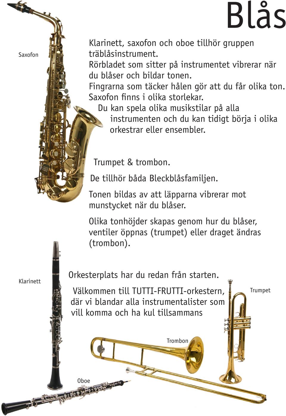 Du kan spela olika musikstilar på alla instrumenten och du kan tidigt börja i olika orkestrar eller ensembler. Trumpet & trombon. De tillhör båda Bleckblåsfamiljen.