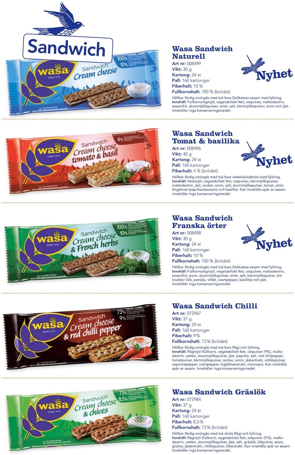 Wasa Sandwich Tomat & basilika Art nr: 008496 Vikt: 40 g Fiberhalt: 4 % (brödet) Nyhet Hållbar färdig smörgås med två bars veteknäckebröd med fyllning.
