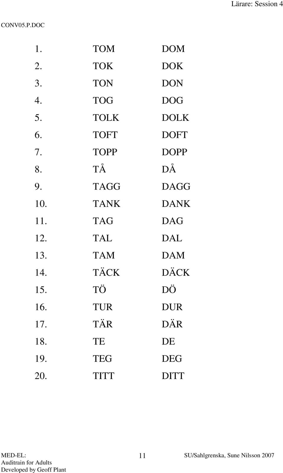 TANK DANK 11. TAG DAG 12. TAL DAL 13. TAM DAM 14. TÄCK DÄCK 15.