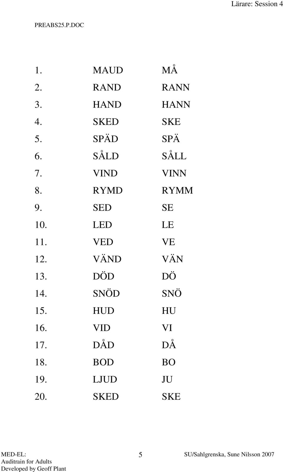 SED SE 10. LED LE 11. VED VE 12. VÄND VÄN 13. DÖD DÖ 14.