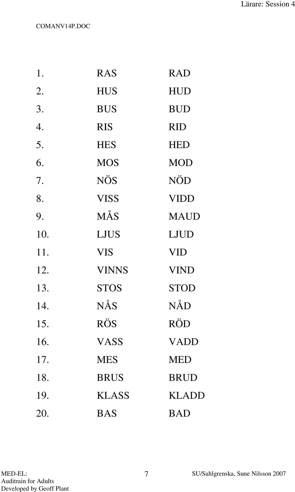 LJUS LJUD 11. VIS VID 12. VINNS VIND 13. STOS STOD 14. NÅS NÅD 15.