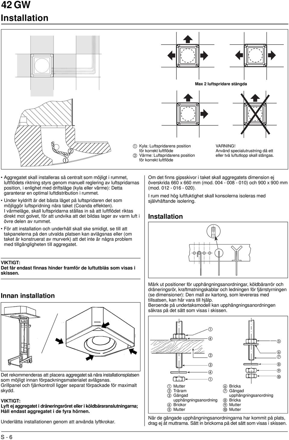 Aggregatet skall installeras så centralt som möjligt i rummet, luftflödets riktning styrs genom manuell reglering av luftspridarnas position, i enlighet med driftsläge (kyla eller värme): Detta