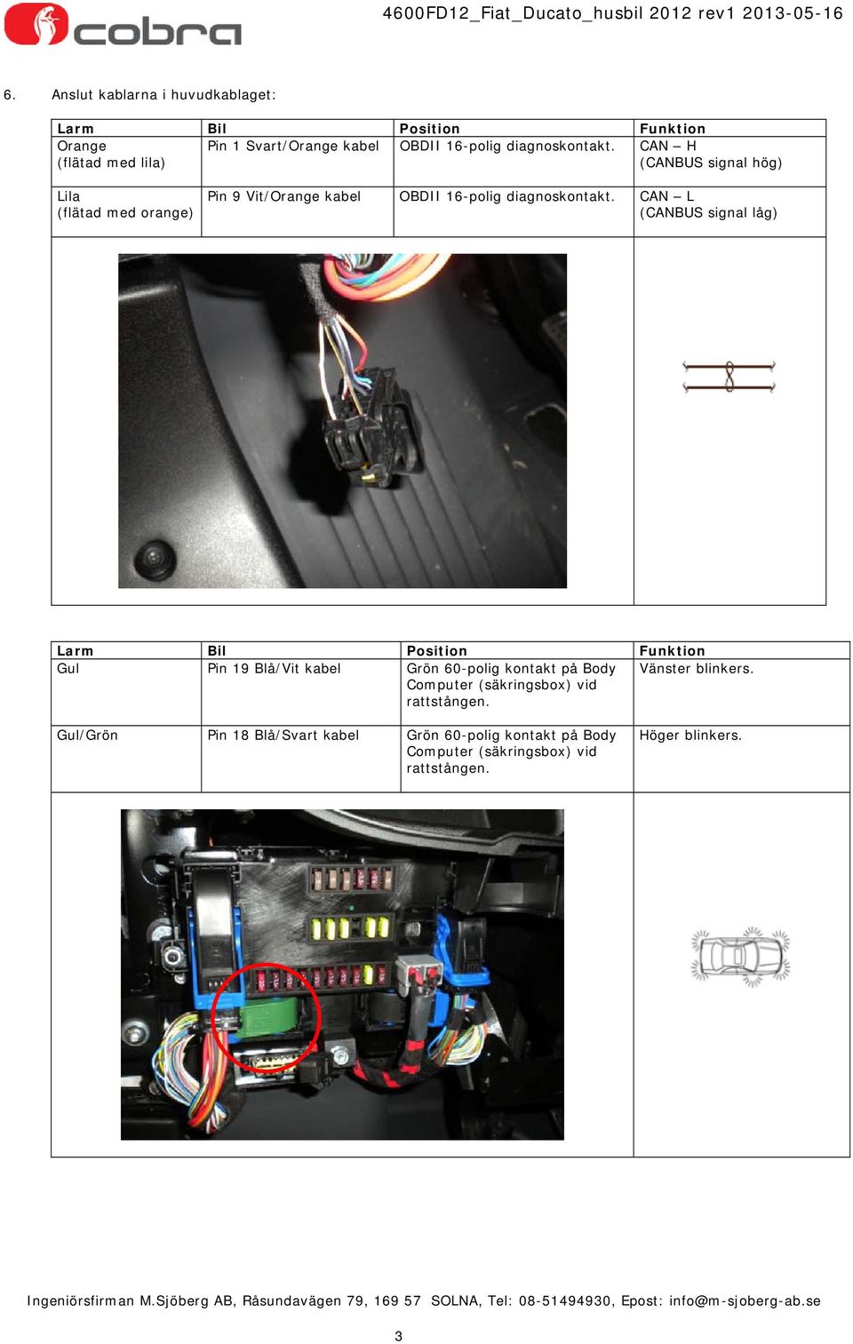 CAN L (CANBUS signal låg) Larm Bil Position Funktion Gul Pin 19 Blå/Vit kabel Grön 60-polig kontakt på Body Computer (säkringsbox)