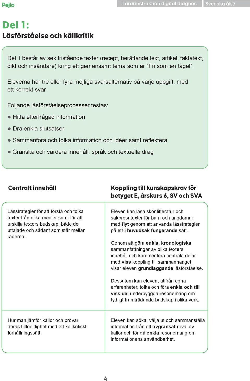 Följande läsförståelseprocesser testas: Hitta efterfrågad information Dra enkla slutsatser Sammanföra och tolka information och idéer samt reflektera Granska och värdera innehåll, språk och textuella