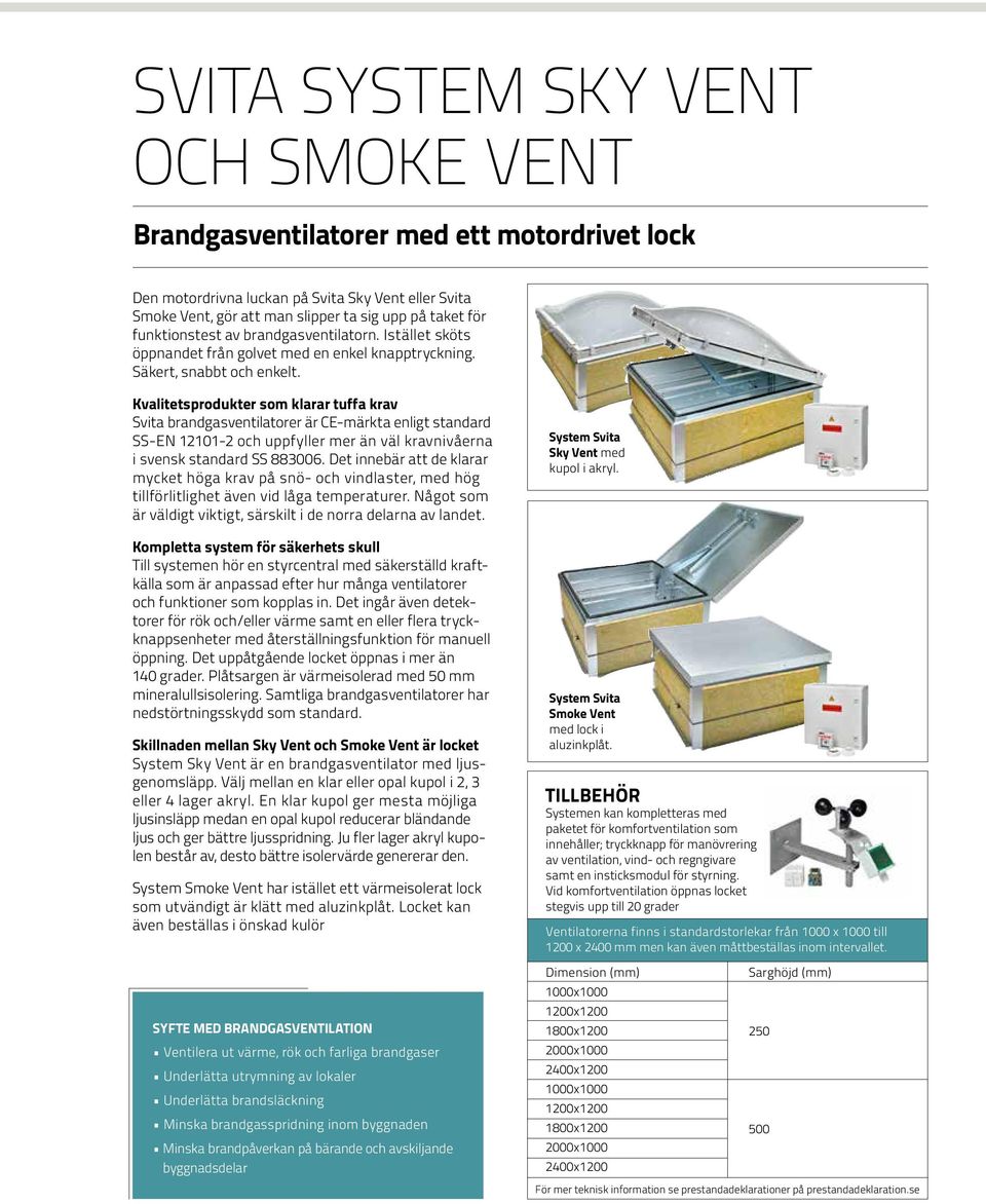 Kvalitetsprodukter som klarar tuffa krav Svita brandgasventilatorer är CE-märkta enligt standard SS-EN 12101-2 och uppfyller mer än väl kravnivåerna i svensk standard SS 883006.