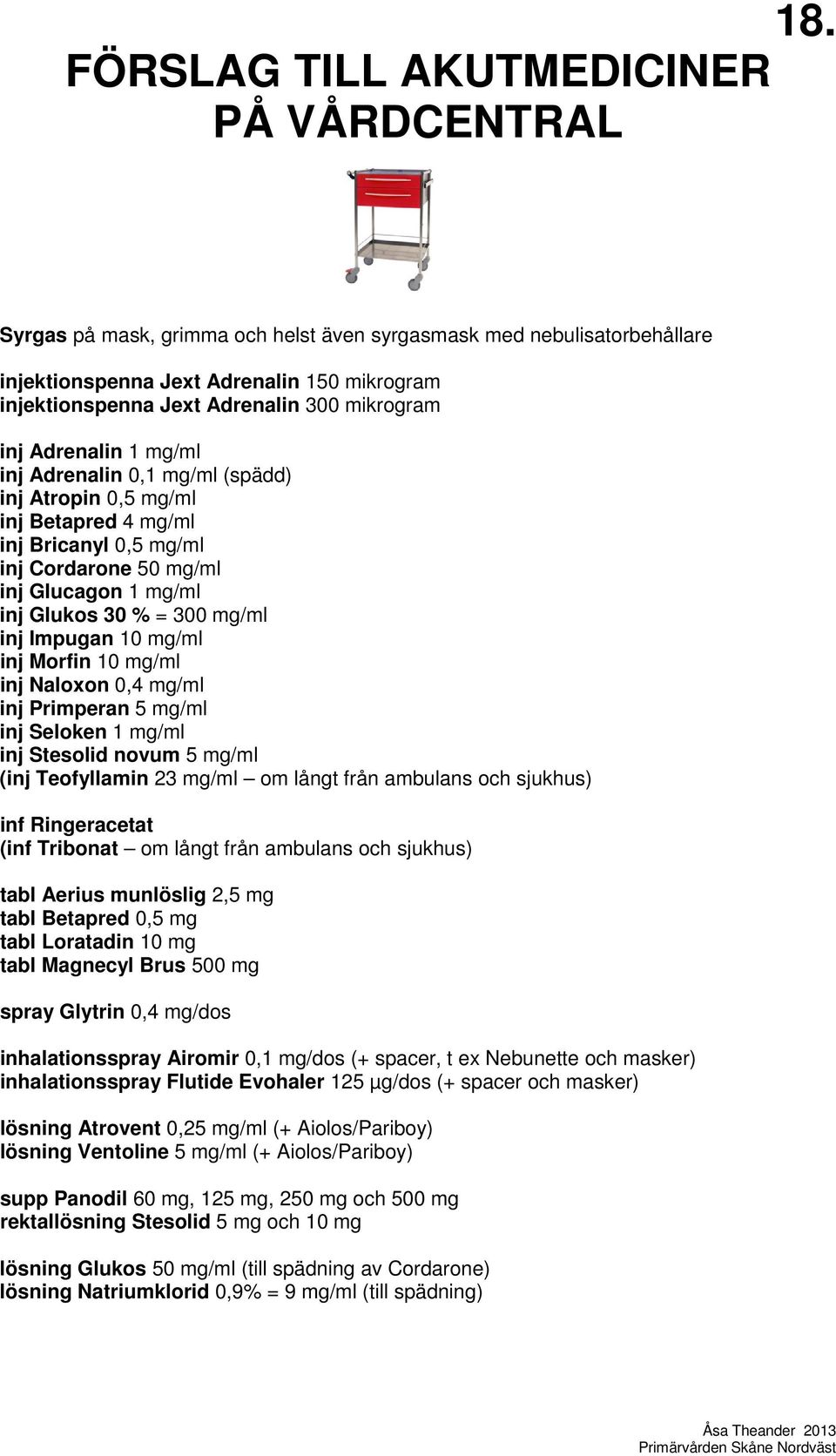 mg/ml inj Impugan 10 mg/ml inj Morfin 10 mg/ml inj Naloxon 0,4 mg/ml inj Primperan 5 mg/ml inj Seloken 1 mg/ml inj Stesolid novum 5 mg/ml (inj Teofyllamin 23 mg/ml om långt från ambulans och sjukhus)