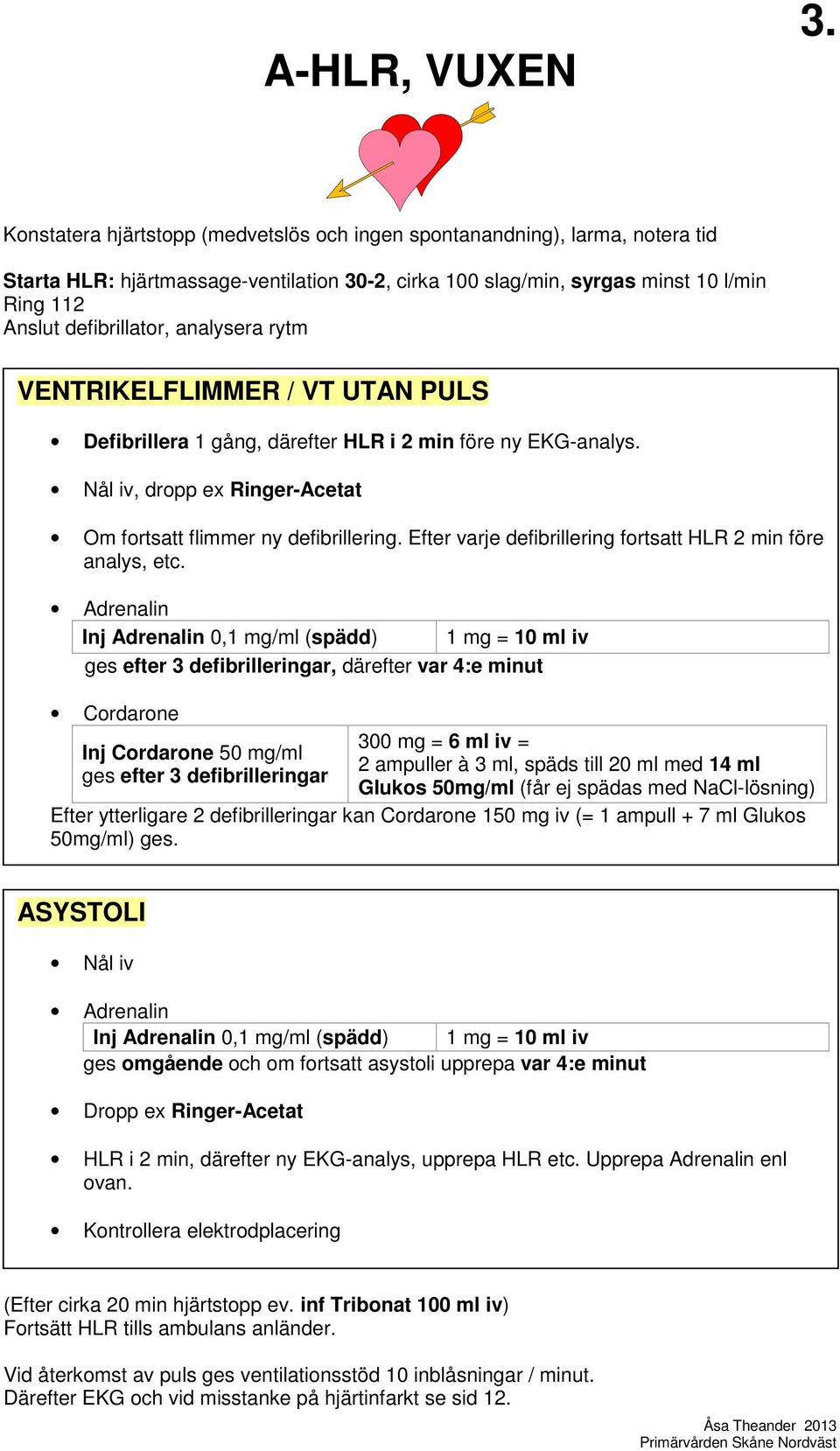 analysera rytm VENTRIKELFLIMMER / VT UTAN PULS Defibrillera 1 gång, därefter HLR i 2 min före ny EKG-analys. Nål iv, dropp ex Ringer-Acetat Om fortsatt flimmer ny defibrillering.