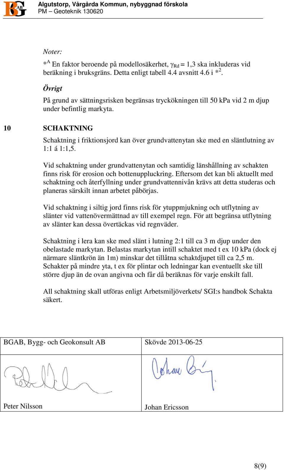 10 SCHAKTNING Schaktning i friktionsjord kan över grundvattenytan ske med en släntlutning av 1:1 á 1:1,5.