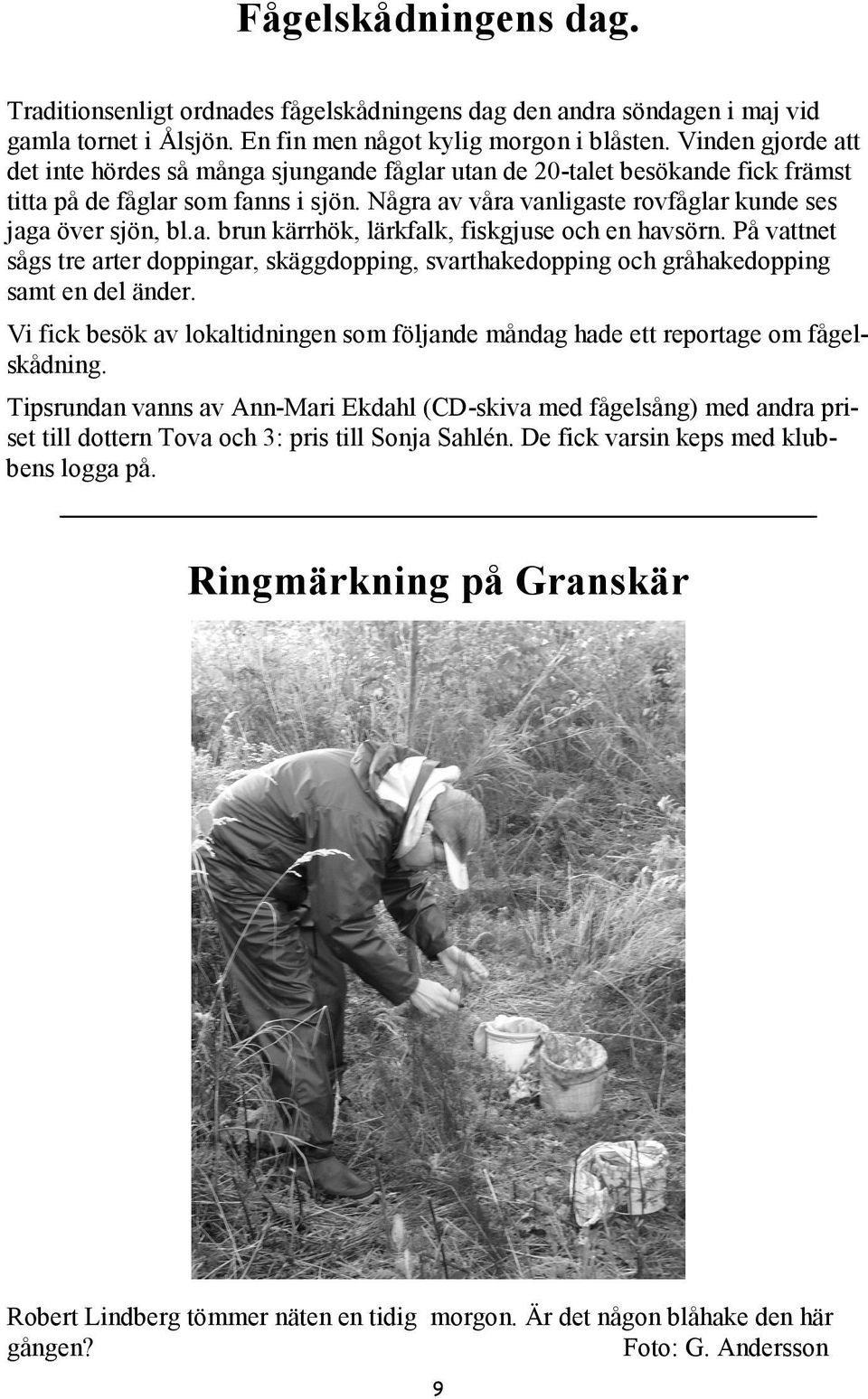 a. brun kärrhök, lärkfalk, fiskgjuse och en havsörn. På vattnet sågs tre arter doppingar, skäggdopping, svarthakedopping och gråhakedopping samt en del änder.