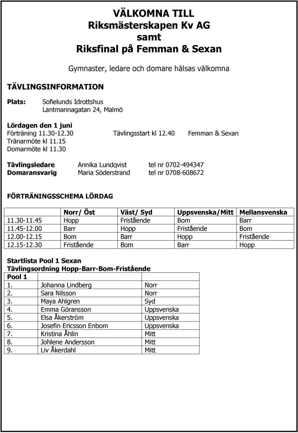 30 Tävlingsledare Annika Lundqvist tel nr 0702-494347 Domaransvarig Maria Söderstrand tel nr 0708-608672 FÖRTRÄNINGSSCHEMA LÖRDAG Norr/ Öst Väst/ Syd Uppsvenska/Mitt Mellansvenska 11.30-11.