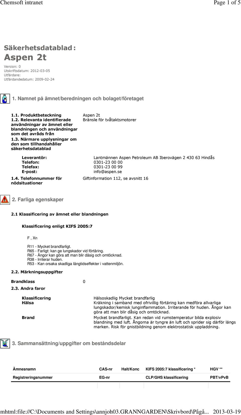 Närmare upplysningar om den som tillhandahåller säkerhetsdatablad Leverantör: Lantmännen Aspen Petroleum AB Iberovägen 2 430 63 Hindås Telefon: 0301-23 00 00 Telefax: 0301-23 00 99 E-post: info@aspen.