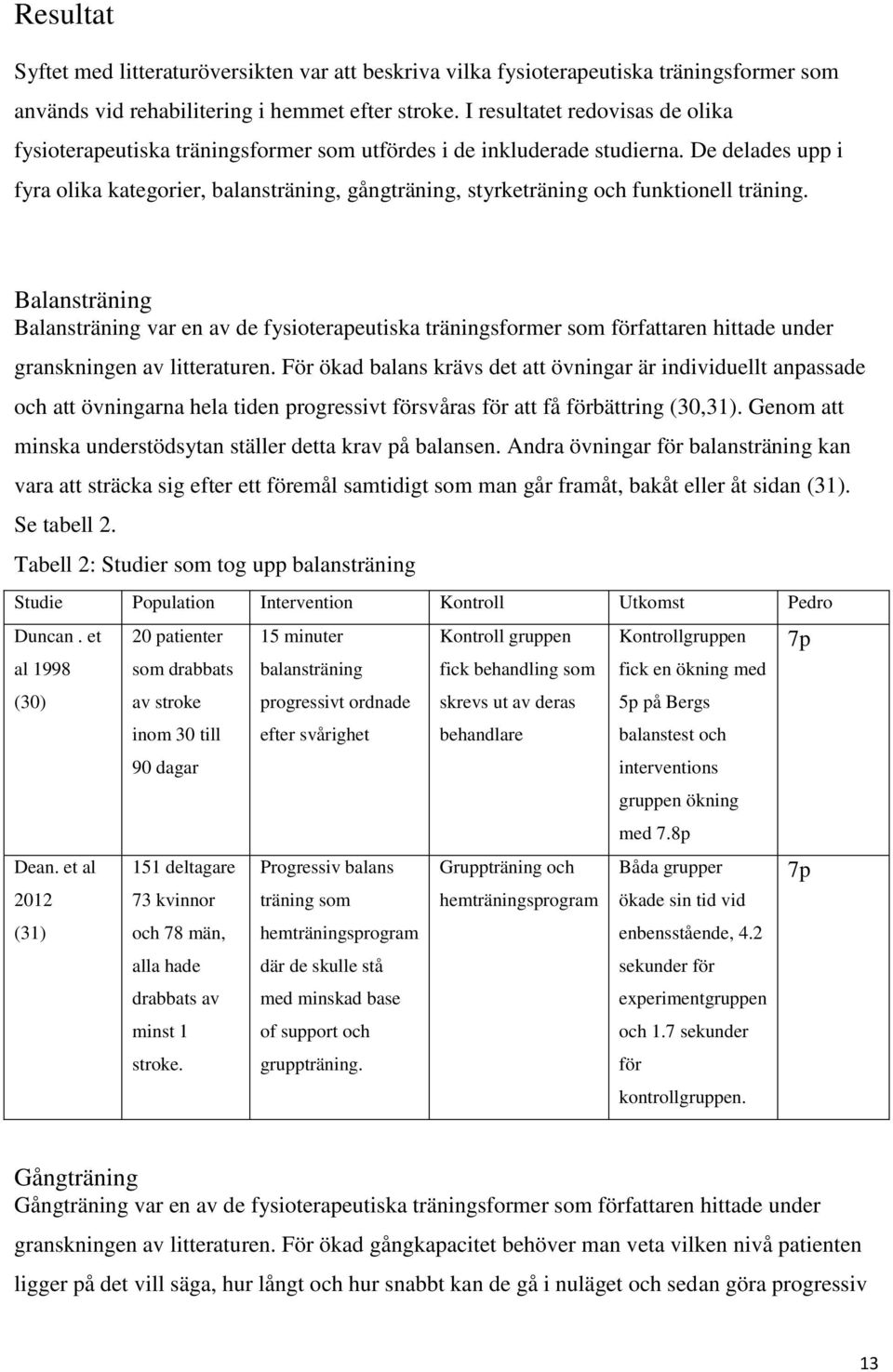 De delades upp i fyra olika kategorier, balansträning, gångträning, styrketräning och funktionell träning.