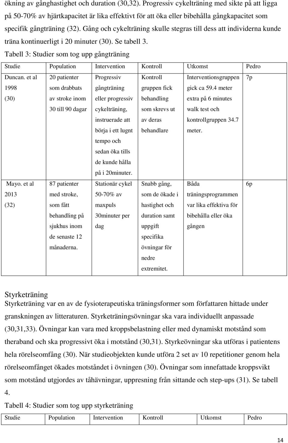 Gång och cykelträning skulle stegras till dess att individerna kunde träna kontinuerligt i 20 minuter (30). Se tabell 3.