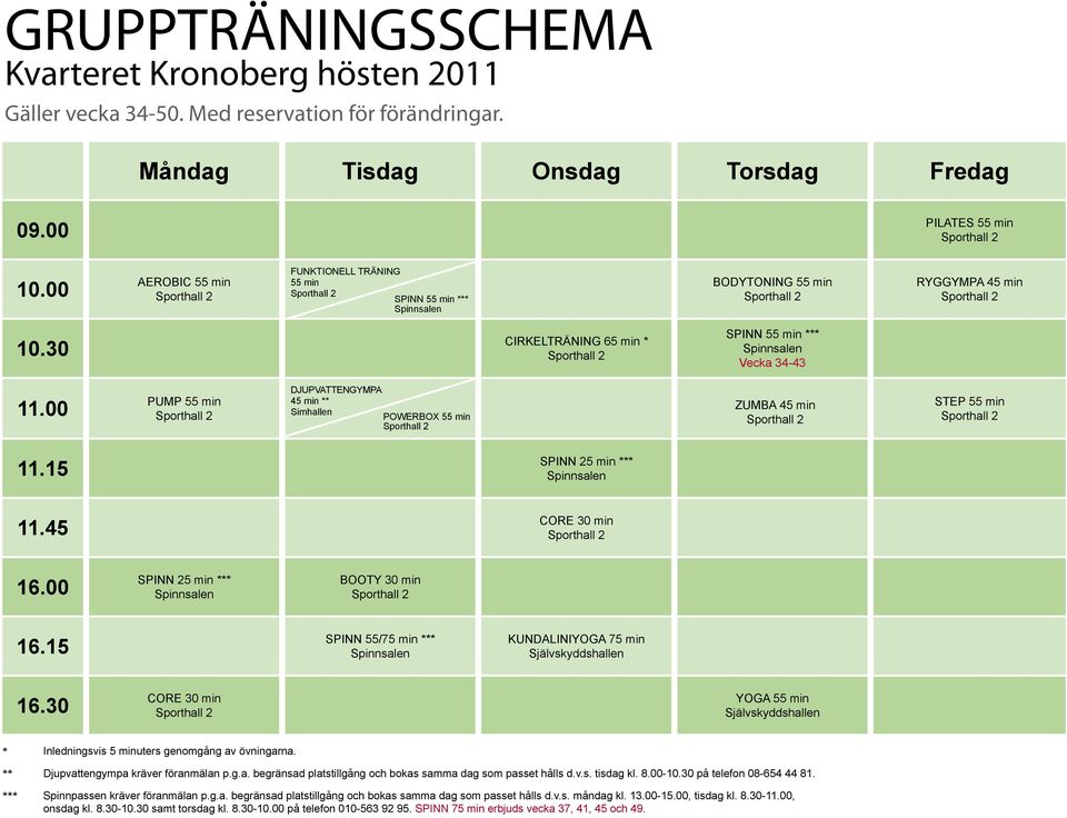 00 PUMP 55 min DJUPVATTENGYMPA 45 min ** Simhallen POWERBOX 55 min ZUMBA 45 min STEP 55 min 11.15 11.45 16.00 BOOTY 30 min 16.15 SPINN 55/75 min *** KUNDALINIYOGA 75 min 16.