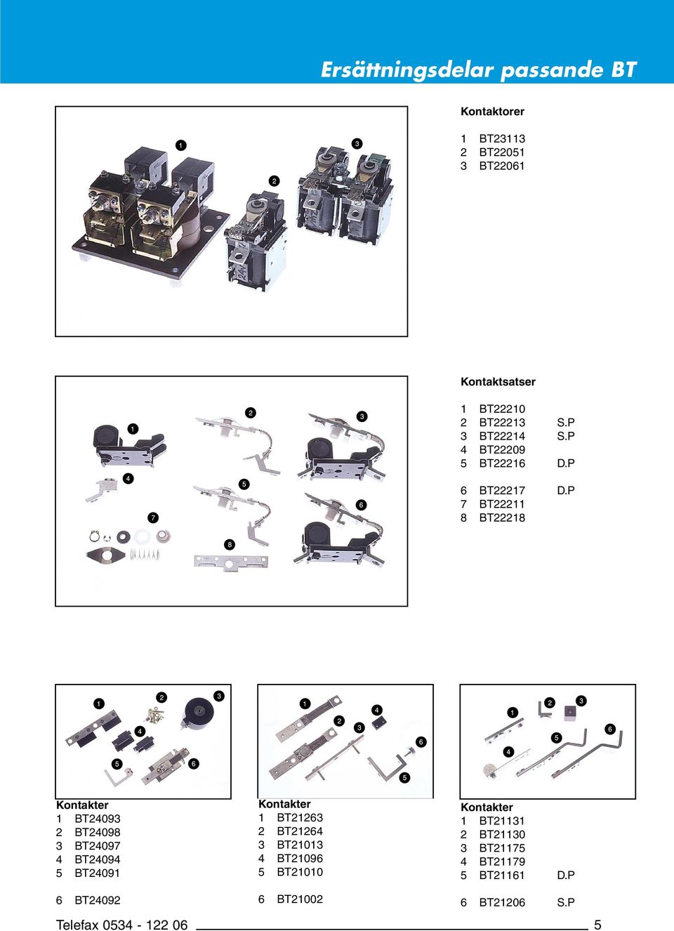 P 7 BT22211 8 BT22218 Kontakter 1 BT24093 2 BT24098 3 BT24097 4 BT24094 5 BT24091 6 BT24092