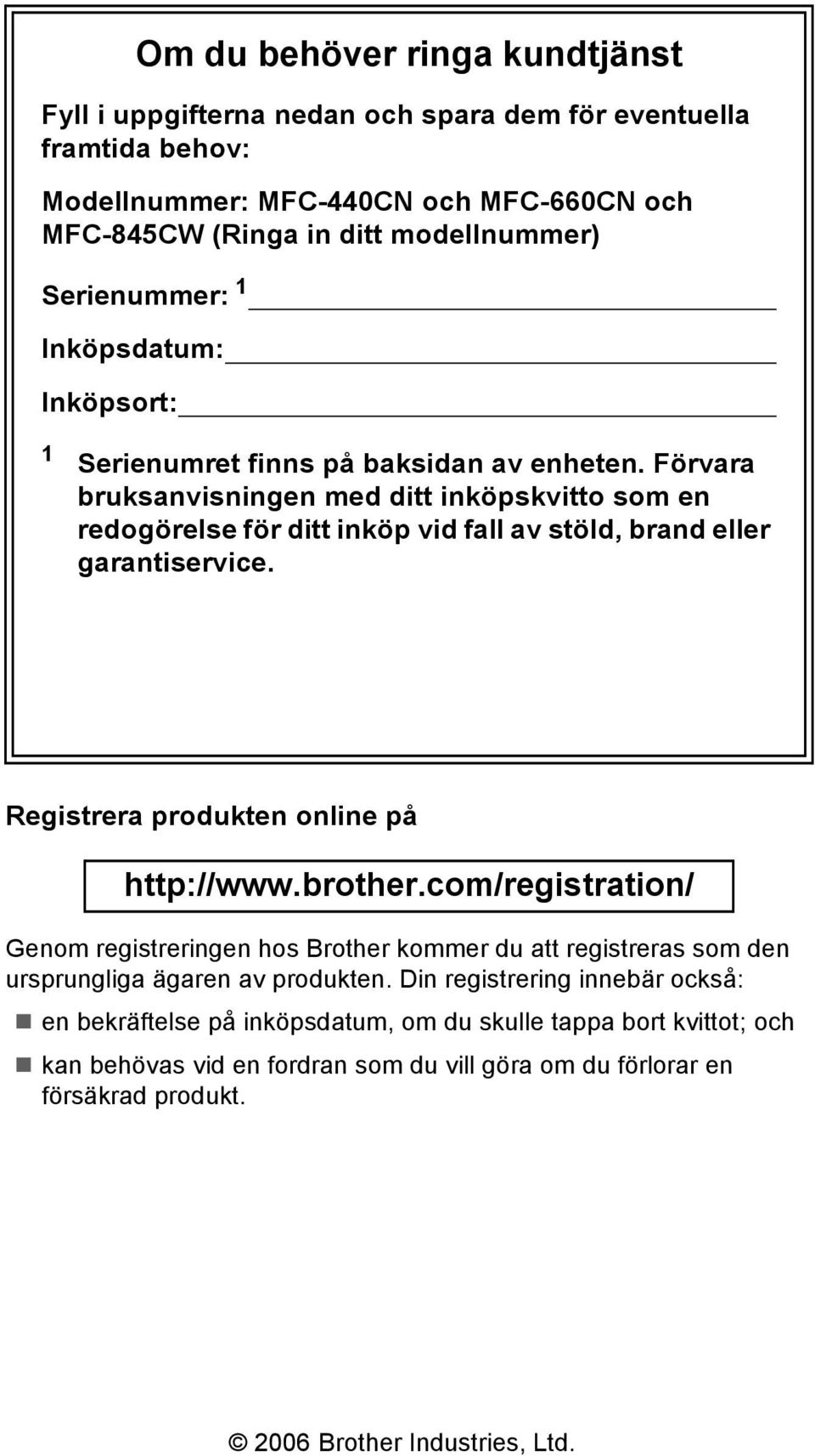 Förvara bruksanvisningen med ditt inköpskvitto som en redogörelse för ditt inköp vid fall av stöld, brand eller garantiservice. Registrera produkten online på http://www.brother.