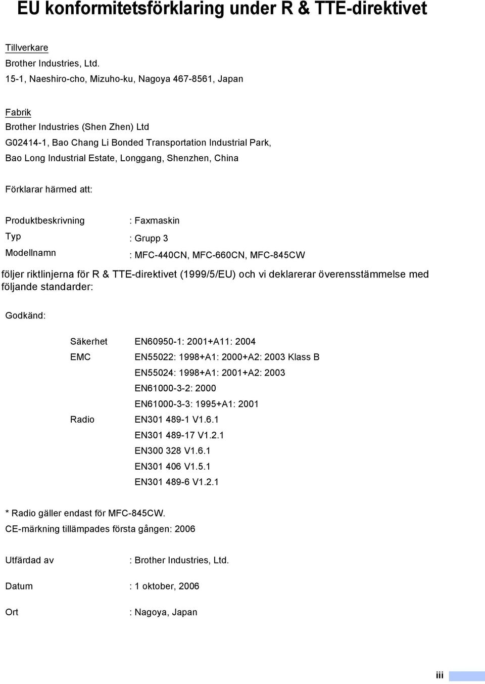 Shenzhen, China Förklarar härmed att: Produktbeskrivning : Faxmaskin Typ : Grupp 3 Modellnamn : MFC-440CN, MFC-660CN, MFC-845CW följer riktlinjerna för R & TTE-direktivet (1999/5/EU) och vi