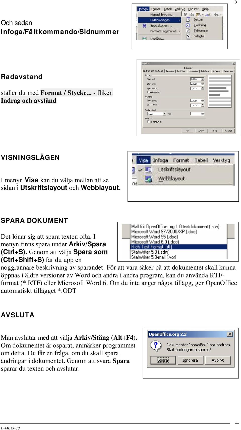 I menyn finns spara under Arkiv/Spara (Ctrl+S). Genom att välja Spara som (Ctrl+Shift+S) får du upp en noggrannare beskrivning av sparandet.