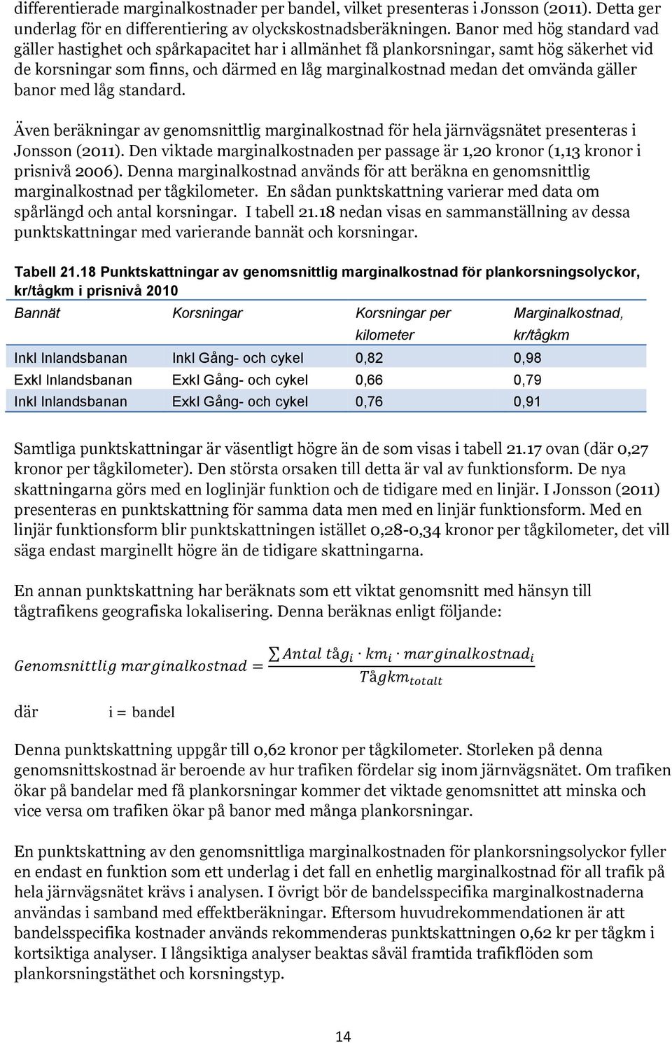 gäller banor med låg standard. Även beräkningar av genomsnittlig marginalkostnad för hela järnvägsnätet presenteras i Jonsson (2011).