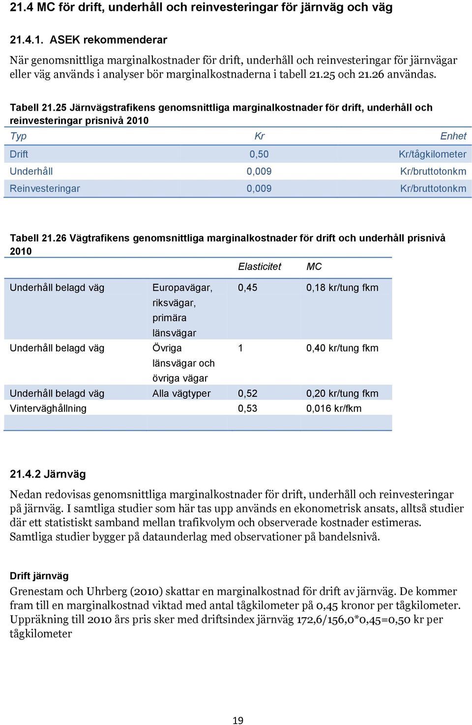 25 Järnvägstrafikens genomsnittliga marginalkostnader för drift, underhåll och reinvesteringar prisnivå 2010 Typ Kr Enhet Drift 0,50 Kr/tågkilometer Underhåll 0,009 Kr/bruttotonkm Reinvesteringar