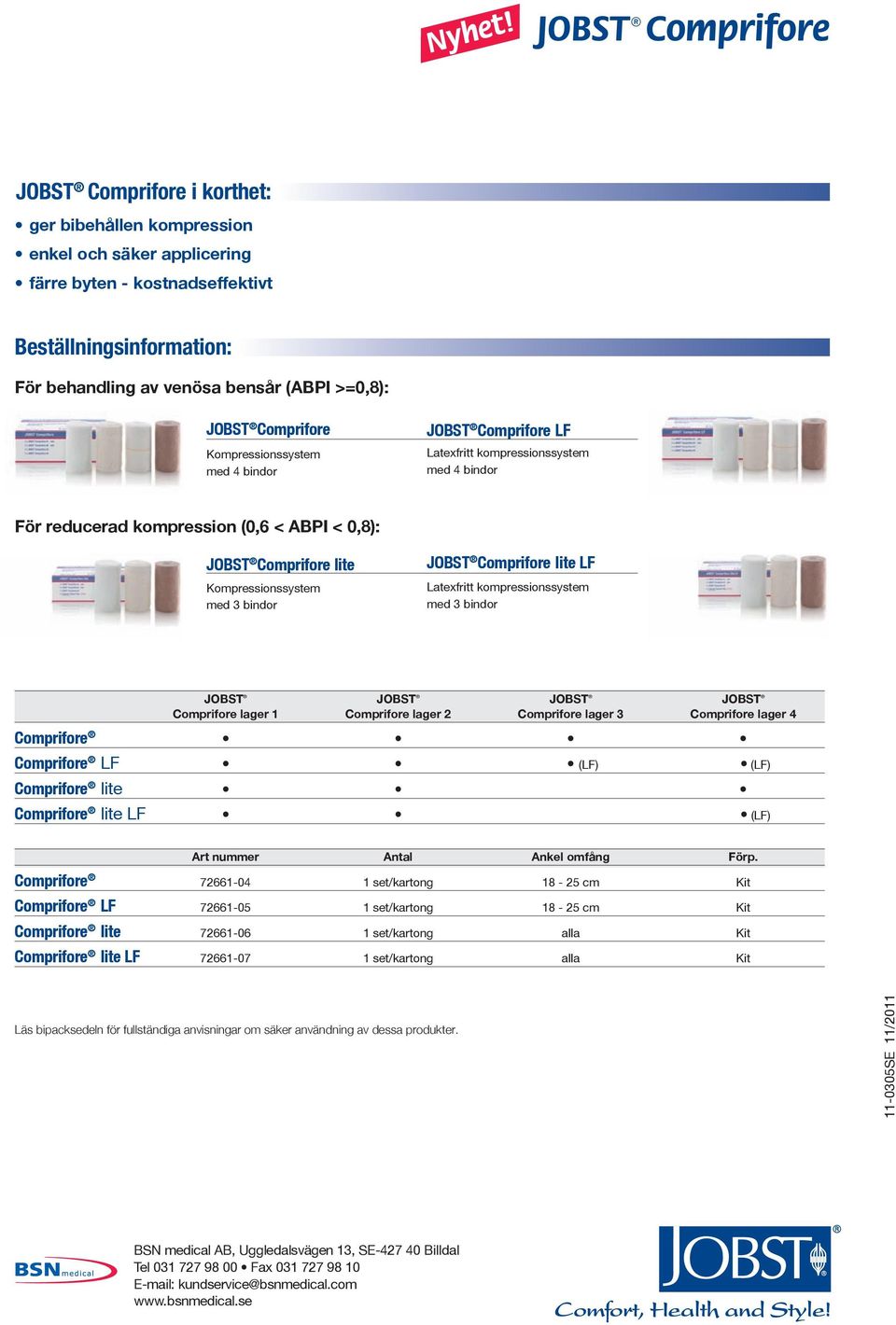 >=0,8): JOBST Comprifore Kompressionssystem med 4 bindor JOBST Comprifore LF Latexfritt kompressionssystem med 4 bindor För reducerad kompression (0,6 < ABPI < 0,8): JOBST Comprifore lite