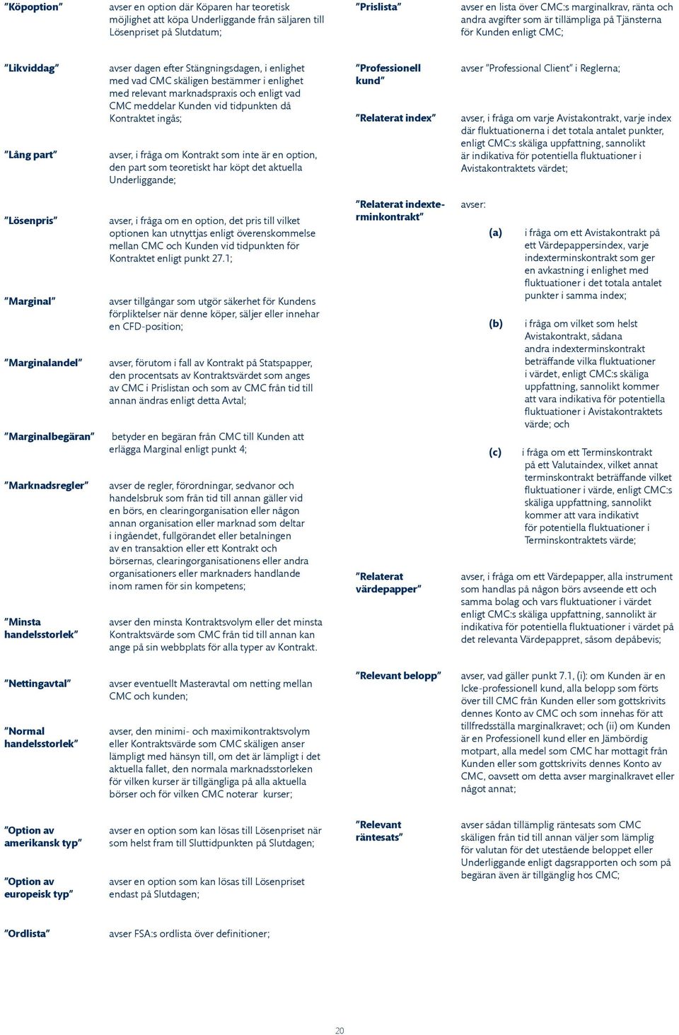 marknadspraxis och enligt vad CMC meddelar Kunden vid tidpunkten då Kontraktet ingås; avser, i fråga om Kontrakt som inte är en option, den part som teoretiskt har köpt det aktuella Underliggande;