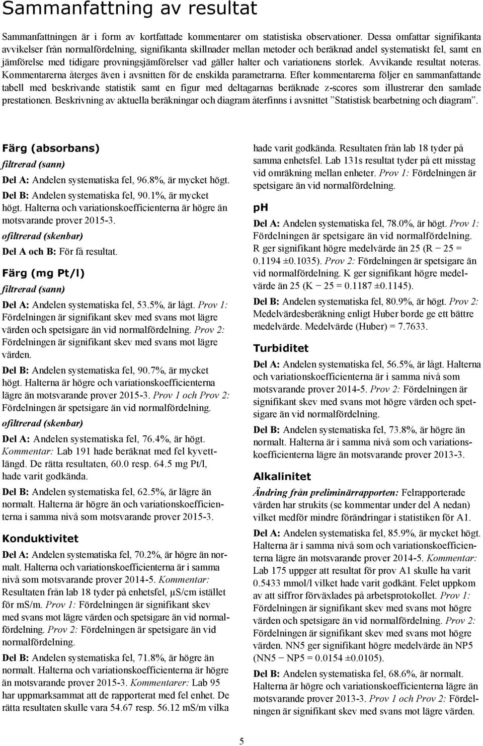 gäller halter och variationens storlek. Avvikande resultat noteras. Kommentarerna återges även i avsnitten för de enskilda parametrarna.