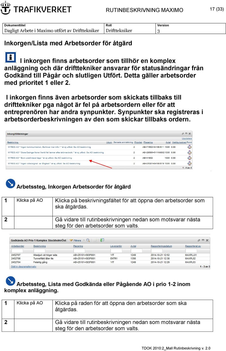 I inkorgen finns även arbetsorder som skickats tillbaks till drifttekniker pga något är fel på arbetsordern eller för att entreprenören har andra synpunkter.