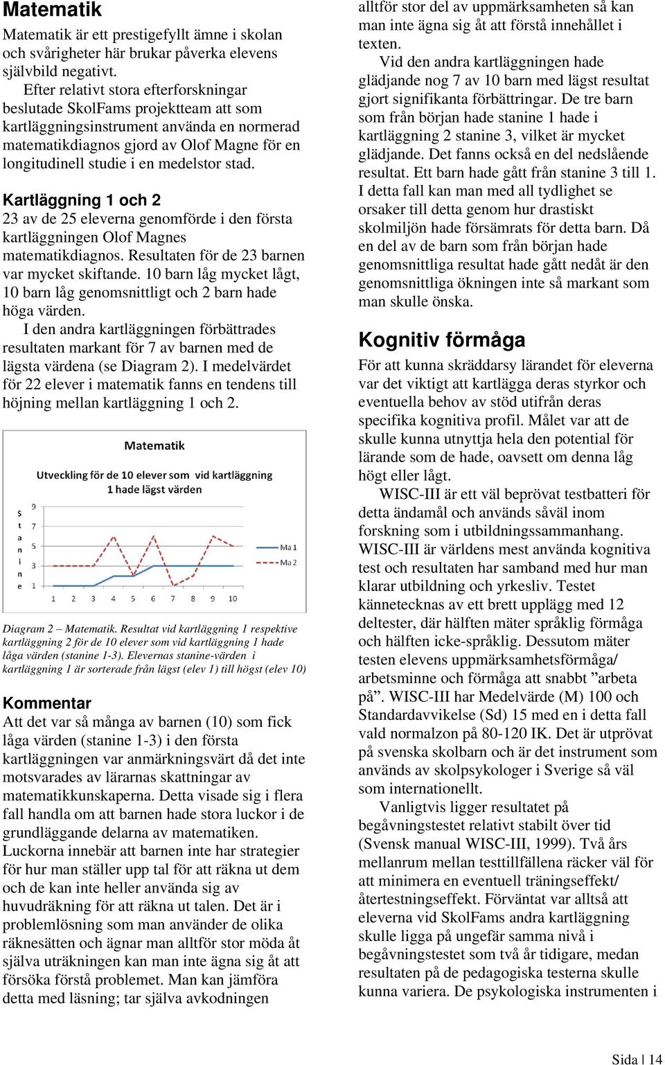 medelstor stad. Kartläggning 1 och 2 23 av de 25 eleverna genomförde i den första kartläggningen Olof Magnes matematikdiagnos. Resultaten för de 23 barnen var mycket skiftande.