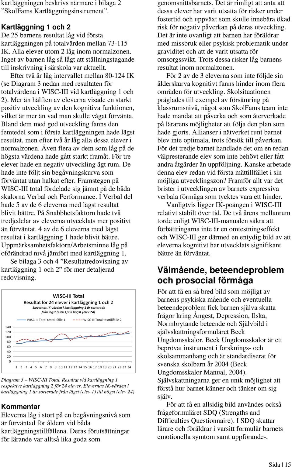 Efter två år låg intervallet mellan 80-124 IK (se Diagram 3 nedan med resultaten för totalvärdena i WISC-III vid kartläggning 1 och 2).