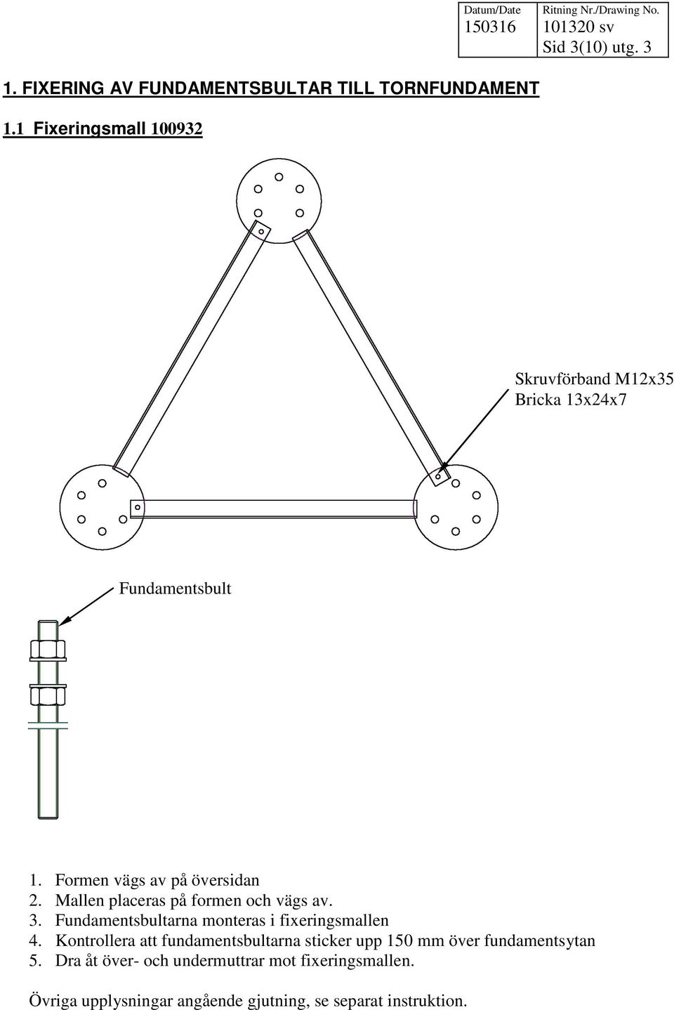 Mallen placeras på formen och vägs av. 3. Fundamentsbultarna monteras i fixeringsmallen 4.