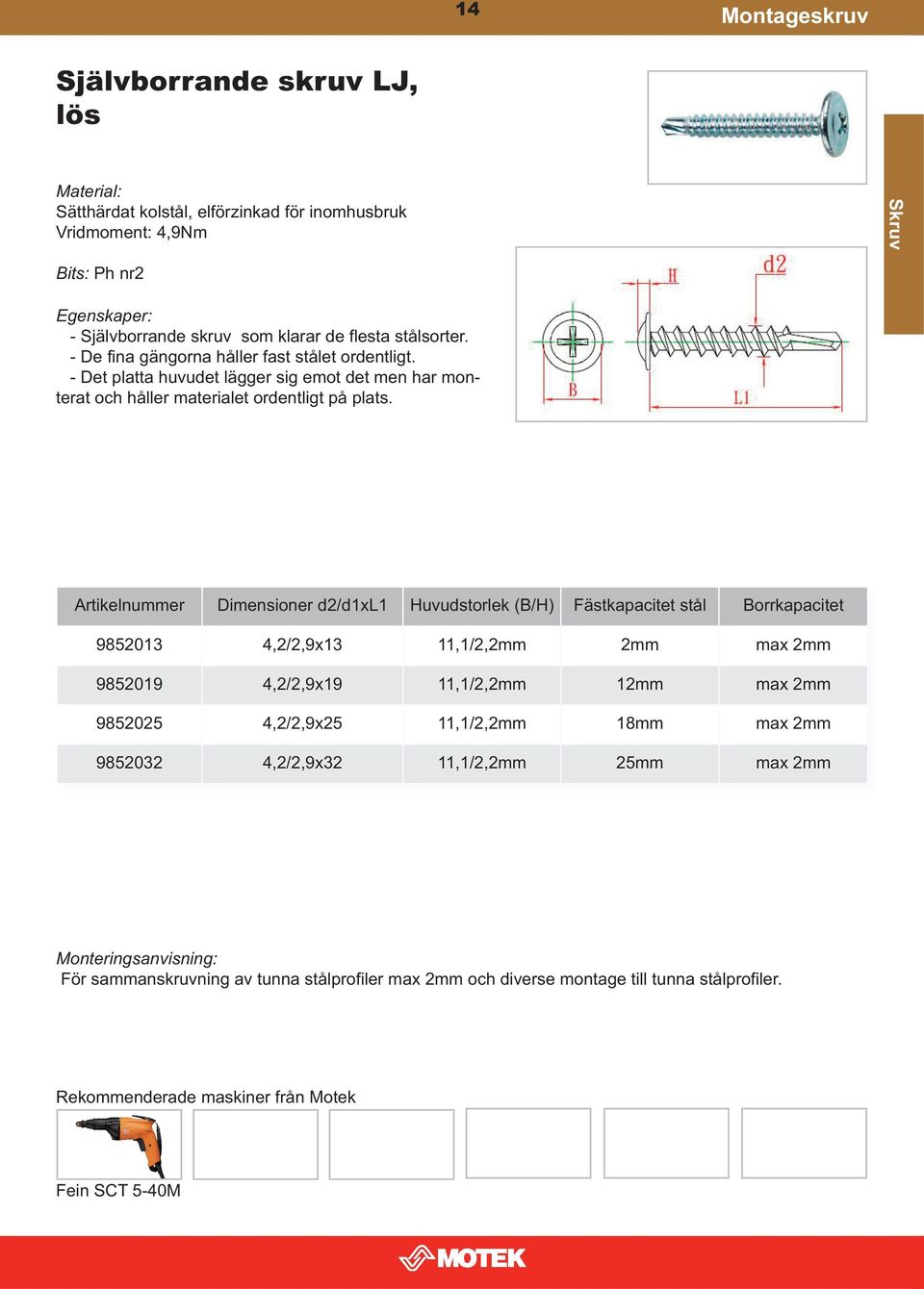 Artikelnummer Dimensioner d2/d1xl1 Huvudstorlek (B/H) Fästkapacitet stål Borrkapacitet 9852013 4,2/2,9x13 11,1/2,2mm 2mm max 2mm 9852019 4,2/2,9x19 11,1/2,2mm 12mm max 2mm