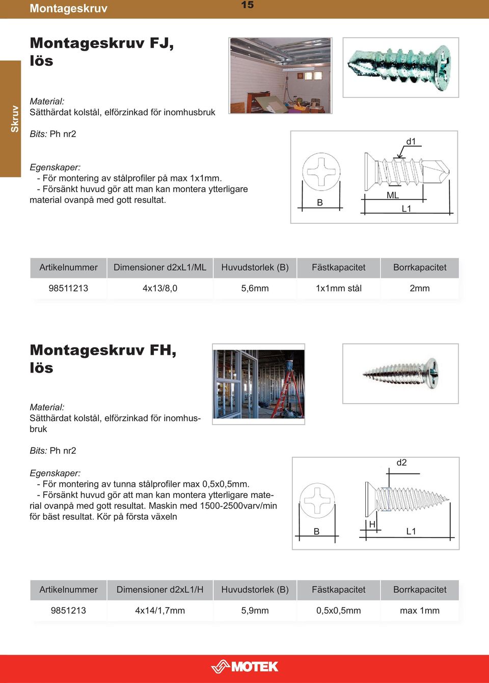 B ML L1 Artikelnummer Dimensioner d2xl1/ml Huvudstorlek (B) Fästkapacitet Borrkapacitet 98511213 4x13/8,0 5,6mm 1x1mm stål 2mm Montageskruv FH, lös Sätthärdat kolstål, elförzinkad för inomhusbruk