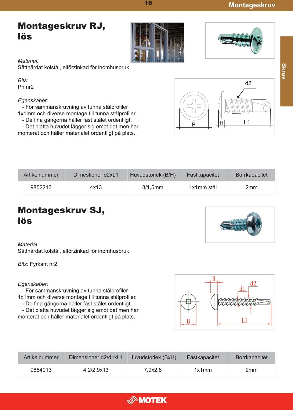 B H L1 Artikelnummer Dimestioner d2xl1 Huvudstorlek (B/H) Fästkapacitet Borrkapacitet 9852213 4x13 8/1,5mm 1x1mm stål 2mm Montageskruv SJ, lös Sätthärdat kolstål, elförzinkad för inomhusbruk Bits: