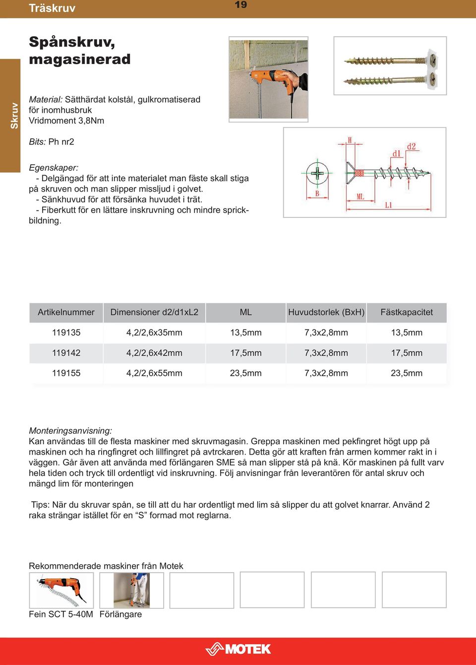 Artikelnummer Dimensioner d2/d1xl2 ML Huvudstorlek (BxH) Fästkapacitet 119135 4,2/2,6x35mm 13,5mm 7,3x2,8mm 13,5mm 119142 4,2/2,6x42mm 17,5mm 7,3x2,8mm 17,5mm 119155 4,2/2,6x55mm 23,5mm 7,3x2,8mm