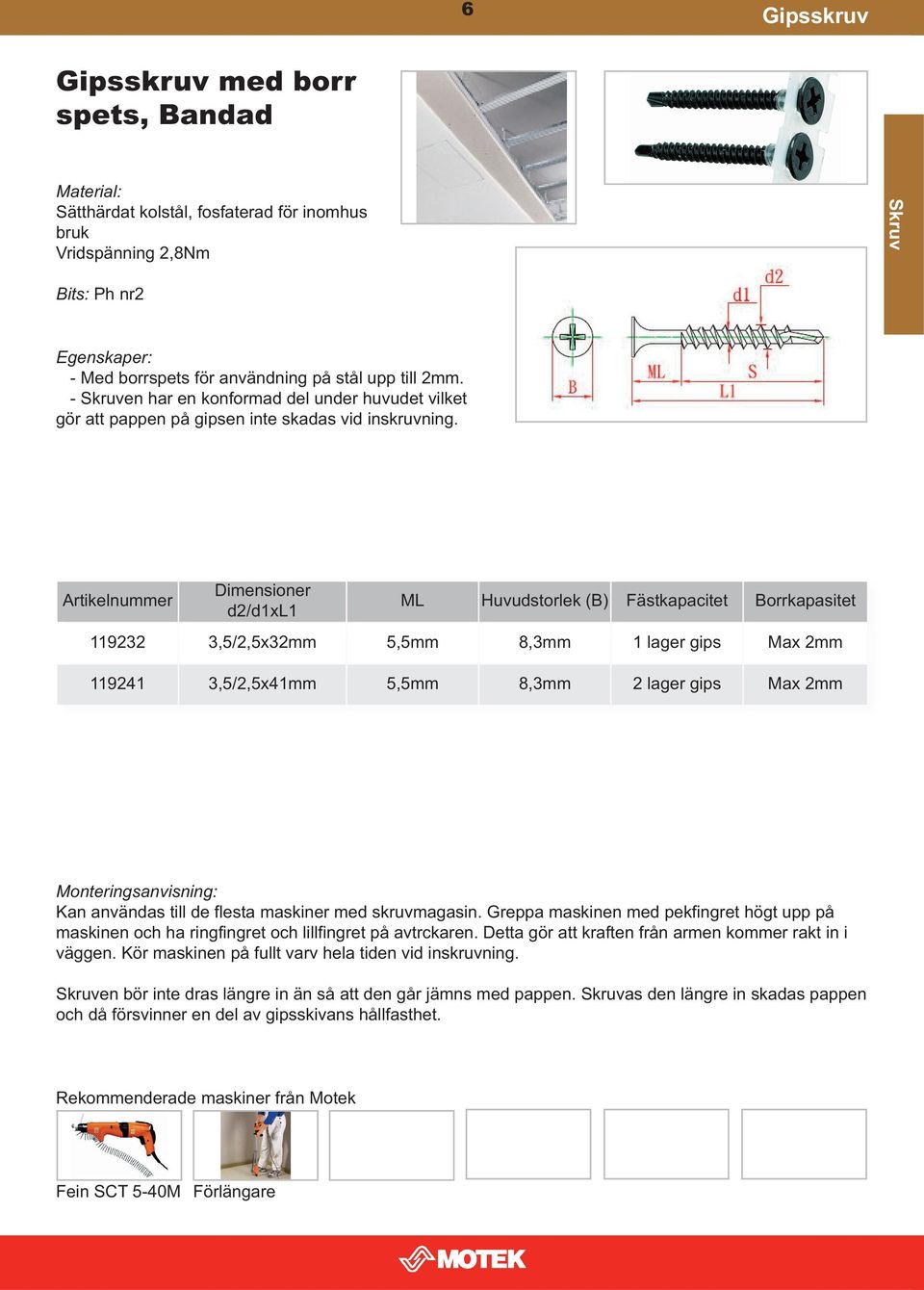 Artikelnummer Dimensioner d2/d1xl1 ML Huvudstorlek (B) Fästkapacitet Borrkapasitet 119232 3,5/2,5x32mm 5,5mm 8,3mm 1 lager gips Max 2mm 119241 3,5/2,5x41mm 5,5mm 8,3mm 2 lager gips Max 2mm Kan